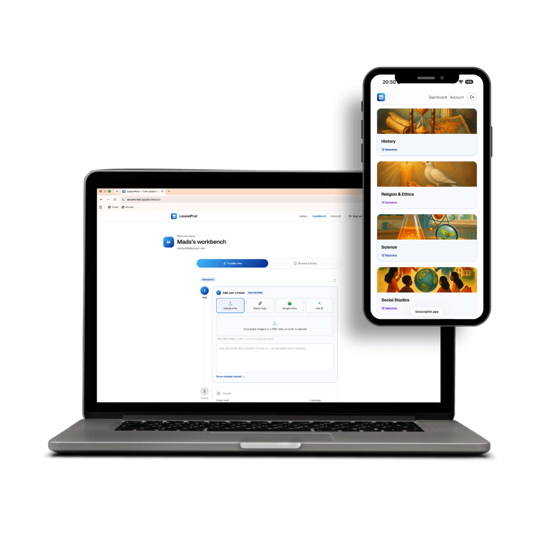 The LessonPilot dashboard on a laptop, generating classroom questions from lesson material, next to the mobile app's library of subjects on a phone