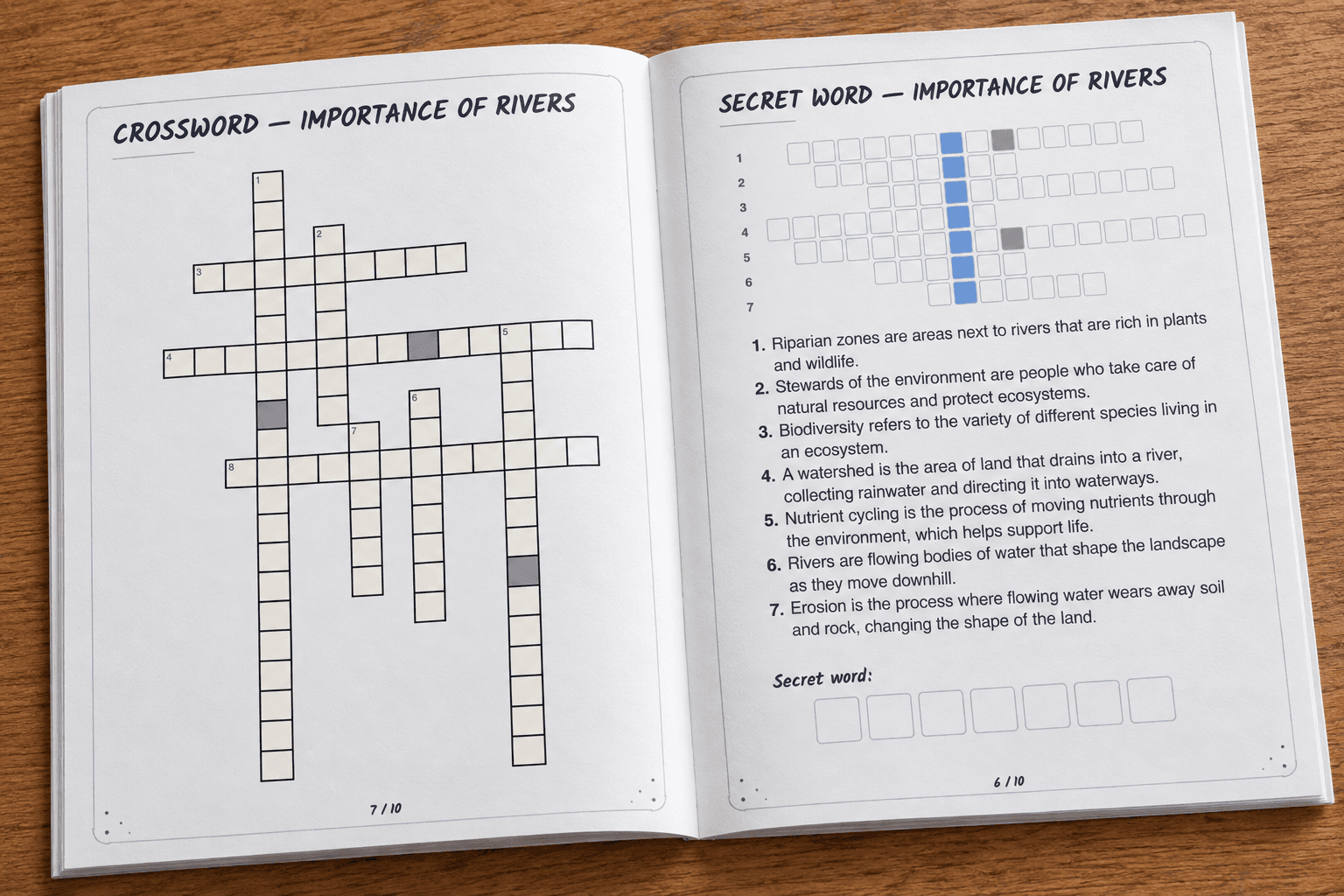An open booklet on a desk, showing a crossword and a secret-word puzzle for 'Importance of Rivers'