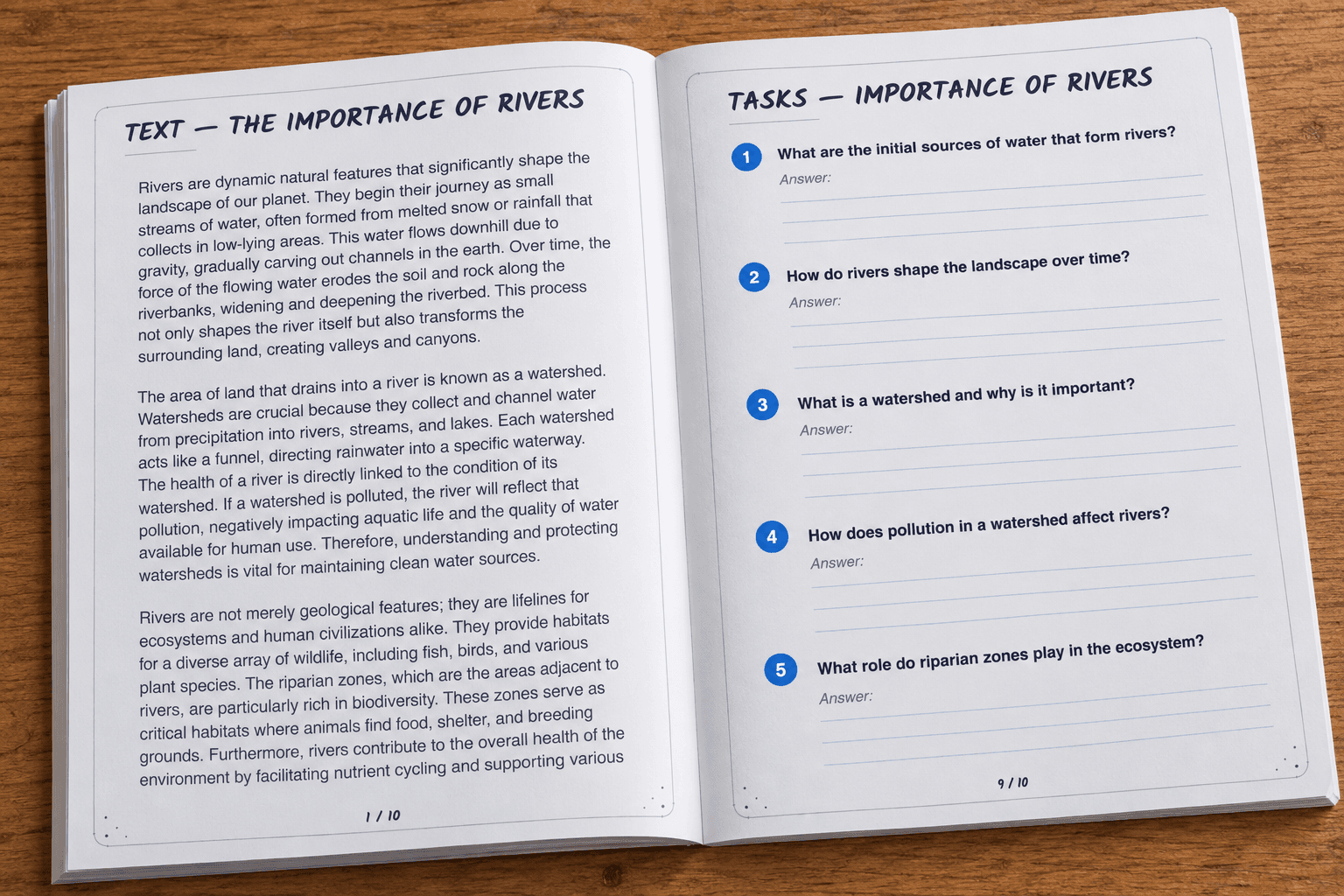 An open booklet on a desk, showing the reading text and open-ended tasks for 'Importance of Rivers'