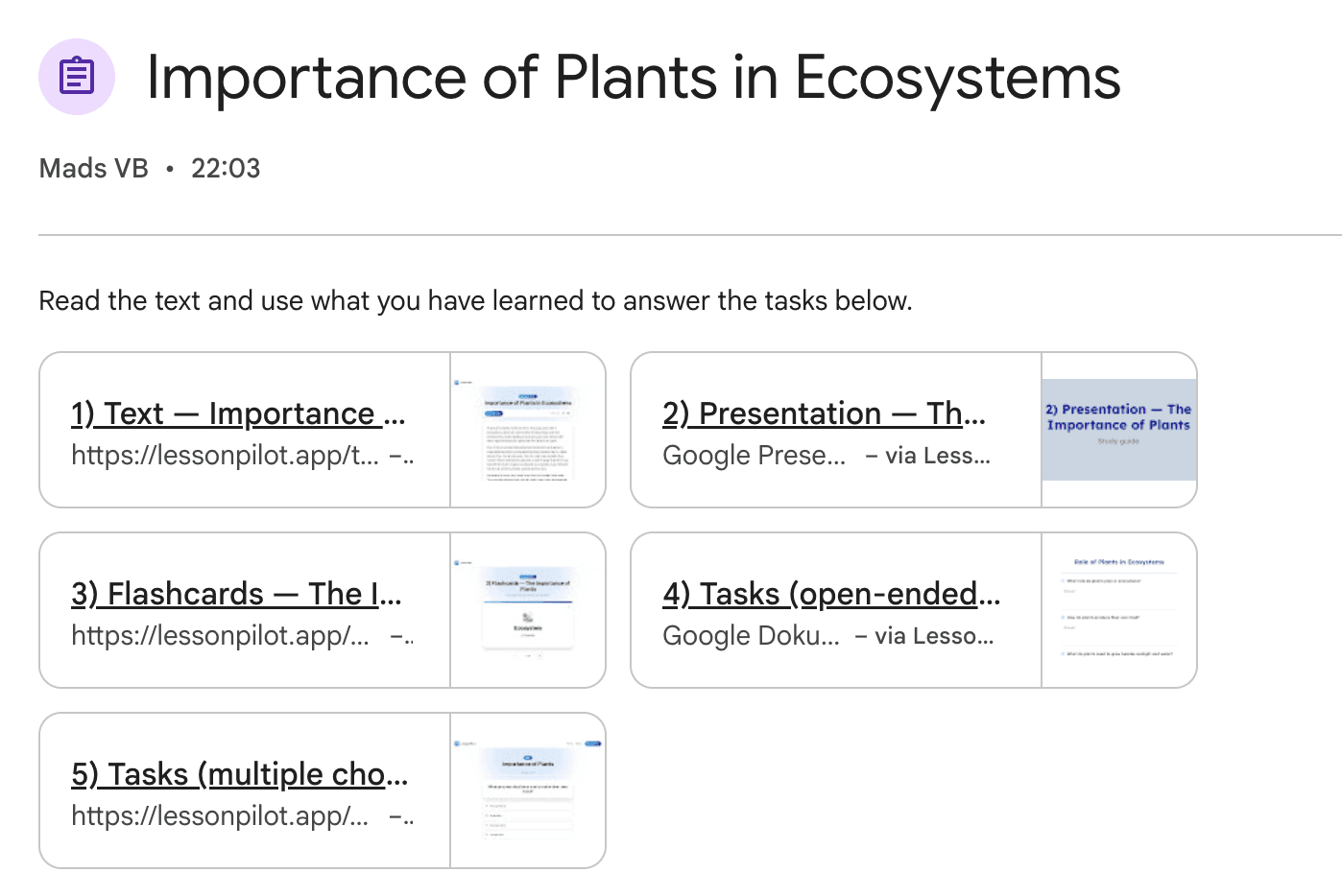 A Google Classroom assignment with reading text, presentation, flashcards, and tasks attached