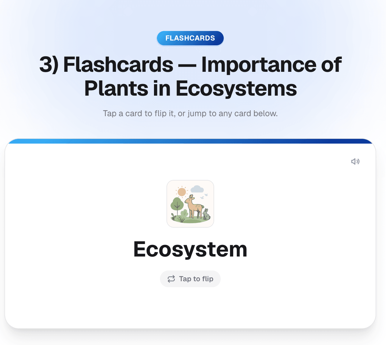 The flashcards material, showing a flippable card for the term 'Ecosystem'