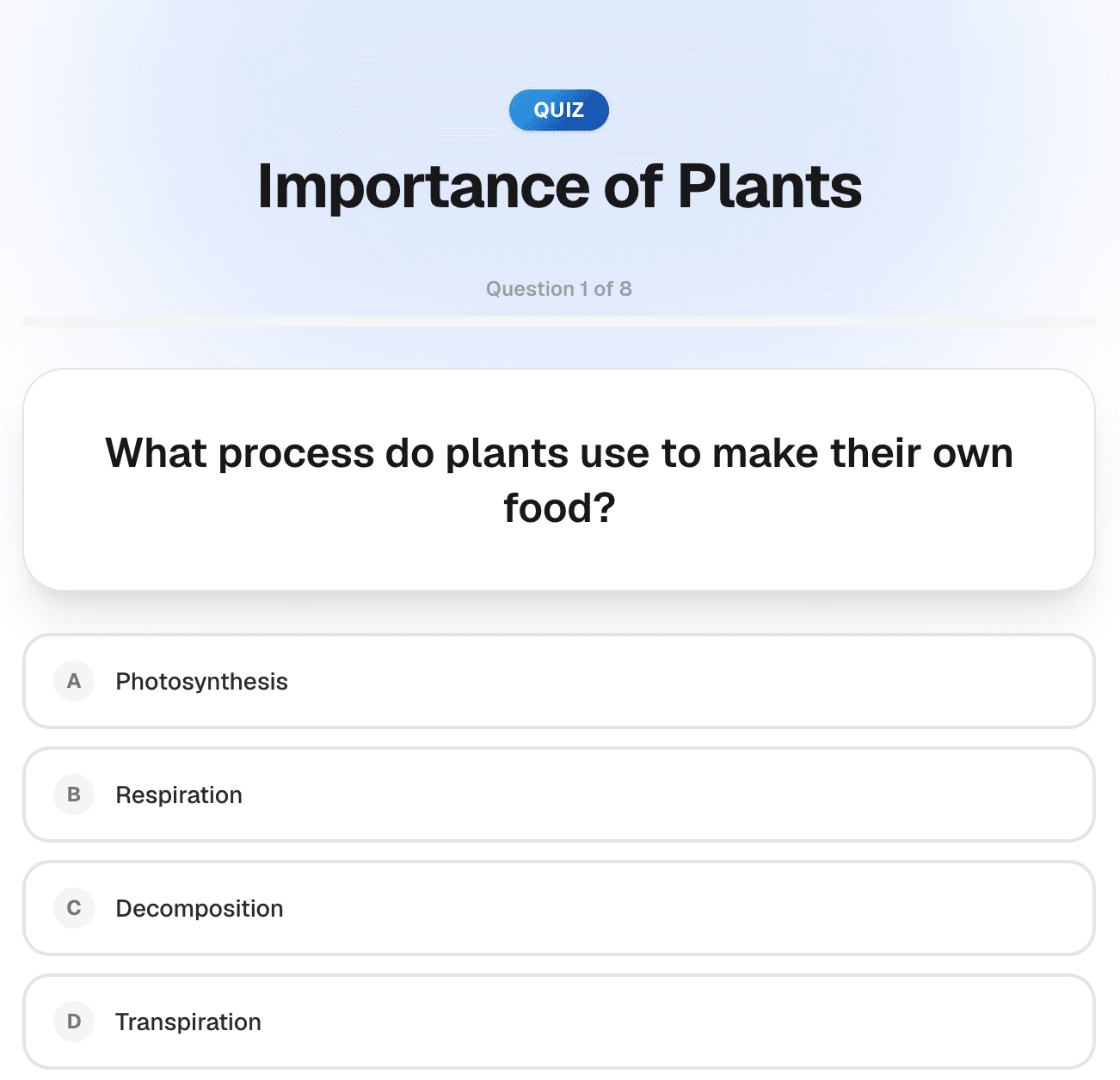 The quiz material, showing a multiple-choice question with four answer options