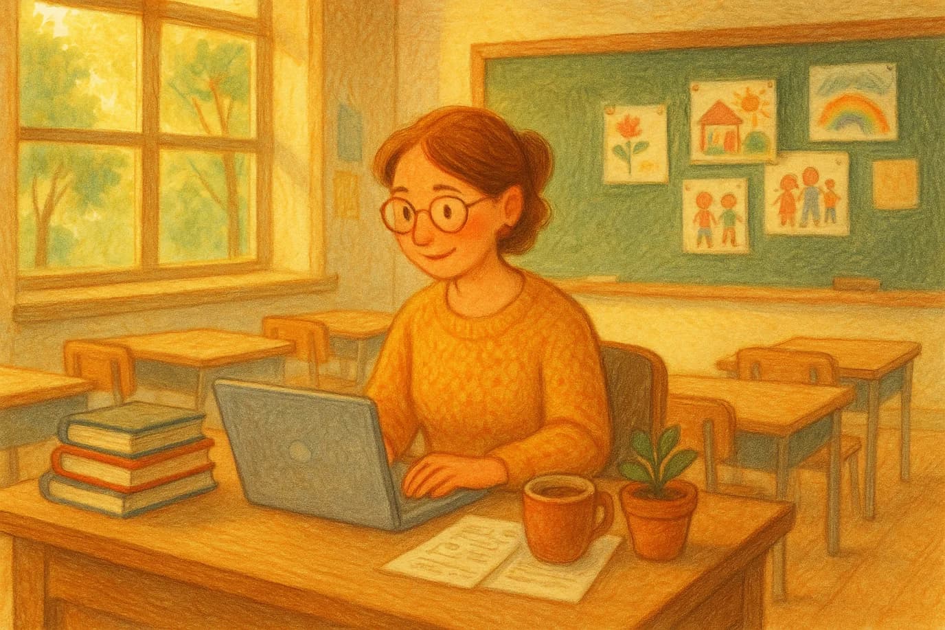 An illustration of a teacher planning a lesson on a laptop in a sunny, empty classroom