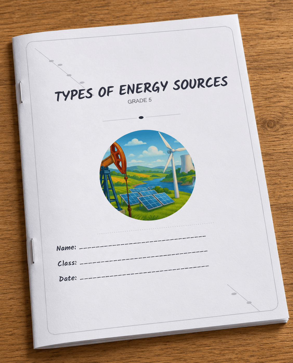 A printed booklet cover page, 'Types of Energy Sources' for Grade 5, ready to hand out
