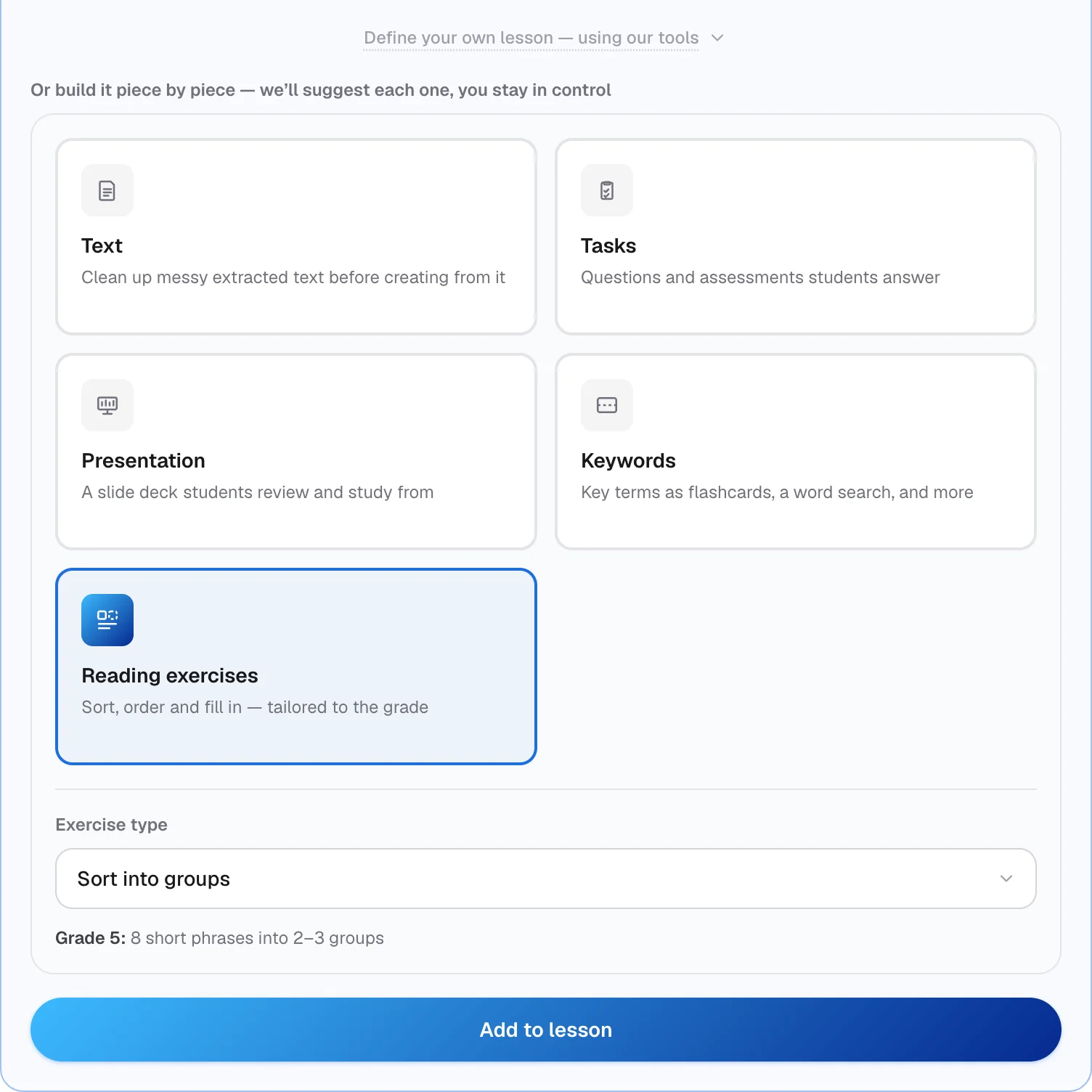 The tool picker with Text, Tasks, Presentation, Keywords and Reading exercises, with Sort into groups chosen as the exercise type.