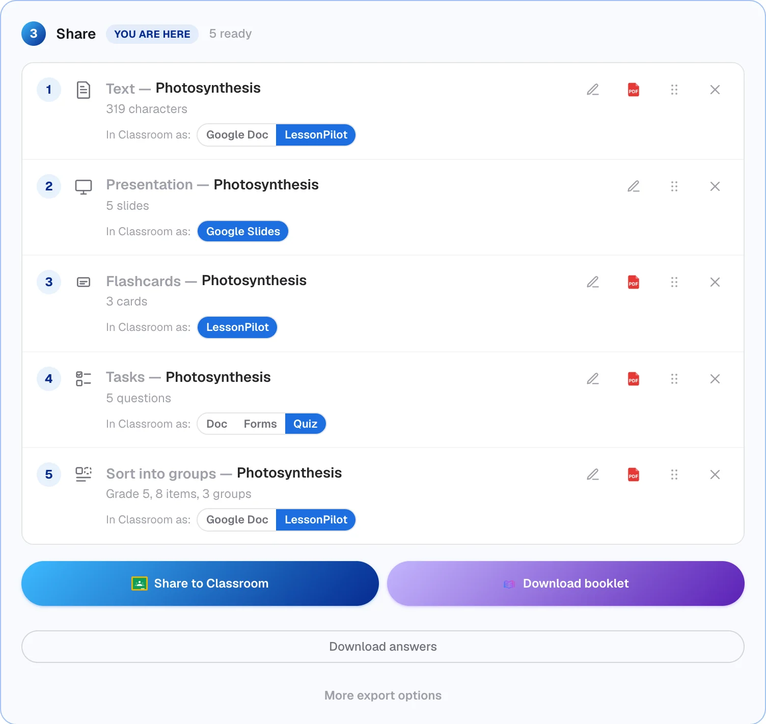 The Share step listing five items — text, presentation, flashcards, tasks and a sorting exercise — with Share to Classroom and Download booklet buttons.