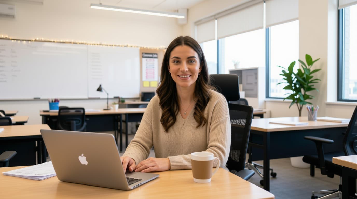 A teacher planning a lesson on a laptop in an empty classroom